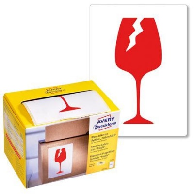 Jelölő, pohármatrica, "Törékeny, óvatosan kezelendő!", 74x100 mm, piros, AVERY ZWECKFORM, 200 etikett/csomag