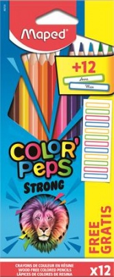 Színes ceruza készlet, háromszögletű, MAPED, "Color`Peps Strong" 12 különböző szín + 12 ajándék matrica