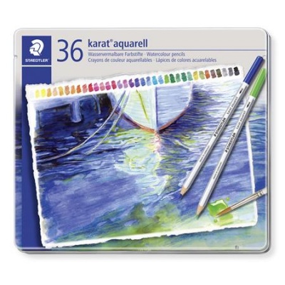 Akvarell ceruza készlet, hatszögletű, fém doboz, STAEDTLER "Karat® aquarell 125", 36 különböző szín